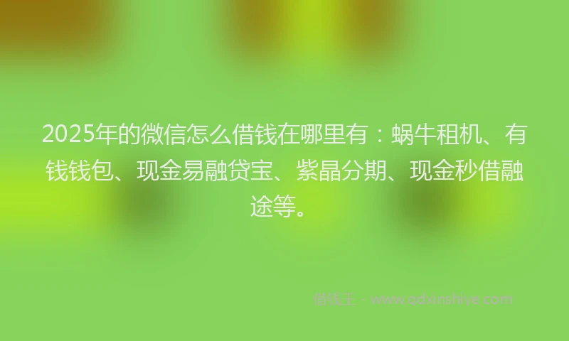 2025年的微信怎么借钱在哪里有：蜗牛租机、有钱钱包、现金易融贷宝、紫晶分期、现金秒借融途等。