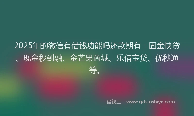 2025年的微信有借钱功能吗还款期有：固金快贷、现金秒到融、金芒果商城、乐借宝贷、优秒通等。