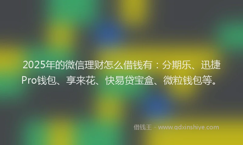 2025年的微信理财怎么借钱有：分期乐、迅捷Pro钱包、享来花、快易贷宝盒、微粒钱包等。