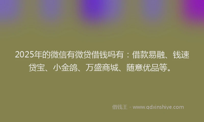 2025年的微信有微贷借钱吗有：借款易融、钱速贷宝、小金鸽、万盛商城、随意优品等。