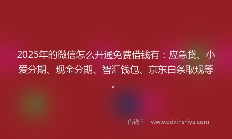 2025年的微信怎么开通免费借钱有：应急贷、小爱分期、现金分期、智汇钱包、京东白条取现等。