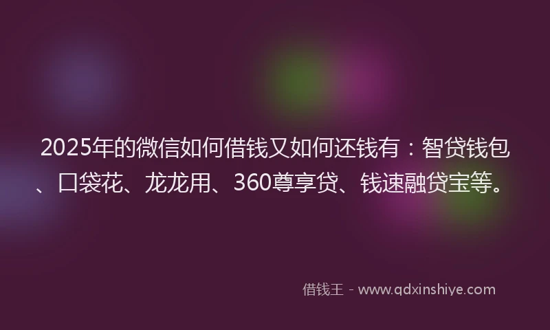 2025年的微信如何借钱又如何还钱有：智贷钱包、口袋花、龙龙用、360尊享贷、钱速融贷宝等。