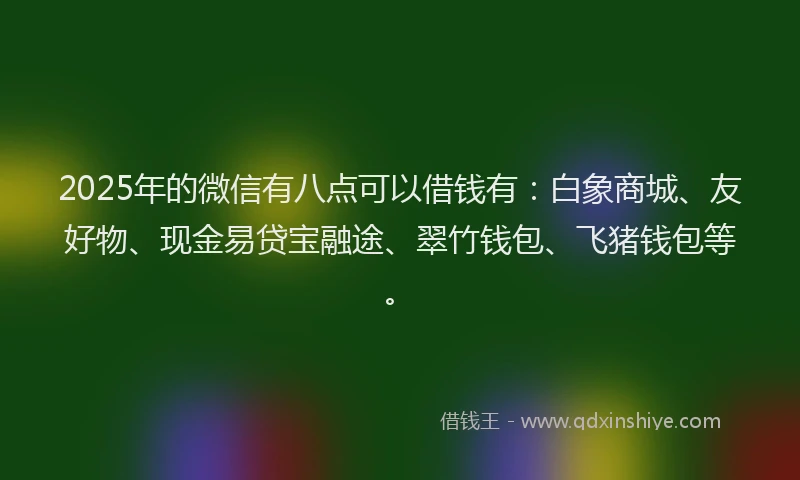2025年的微信有八点可以借钱有：白象商城、友好物、现金易贷宝融途、翠竹钱包、飞猪钱包等。