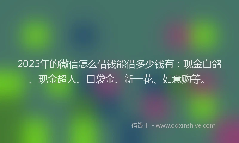 2025年的微信怎么借钱能借多少钱有:现金白鸽、现金超人、口袋金、新一花、如意购等。