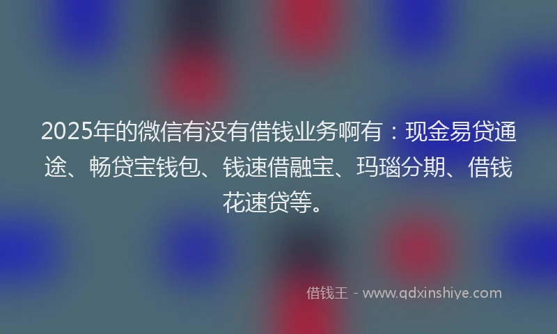 2025年的微信有没有借钱业务啊有：现金易贷通途、畅贷宝钱包、钱速借融宝、玛瑙分期、借钱花速贷等。