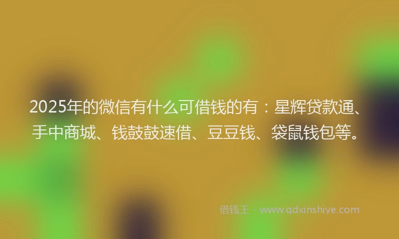 2025年的微信有什么可借钱的有：星辉贷款通、手中商城、钱鼓鼓速借、豆豆钱、袋鼠钱包等。