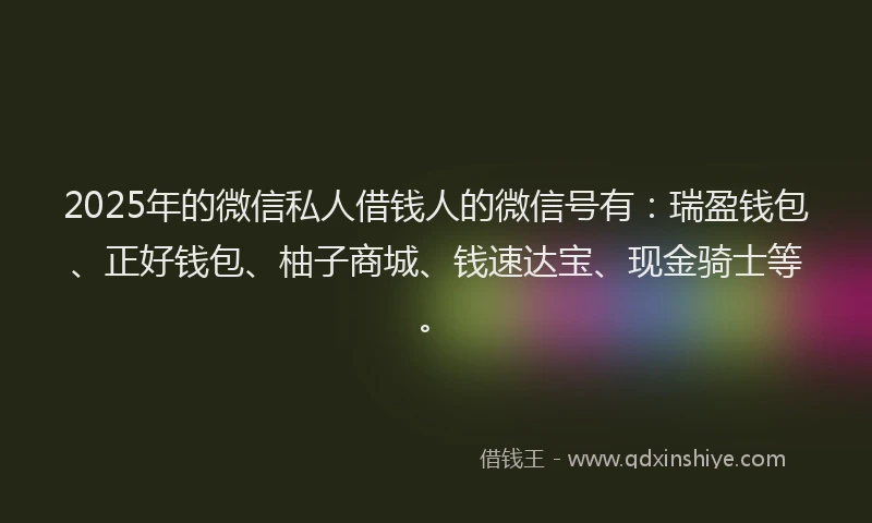 2025年的微信私人借钱人的微信号有：瑞盈钱包、正好钱包、柚子商城、钱速达宝、现金骑士等。