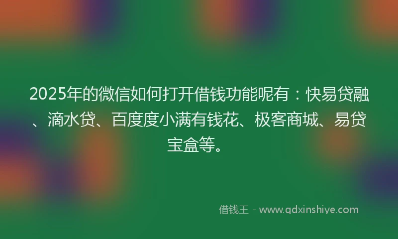 2025年的微信如何打开借钱功能呢有：快易贷融、滴水贷、百度度小满有钱花、极客商城、易贷宝盒等。
