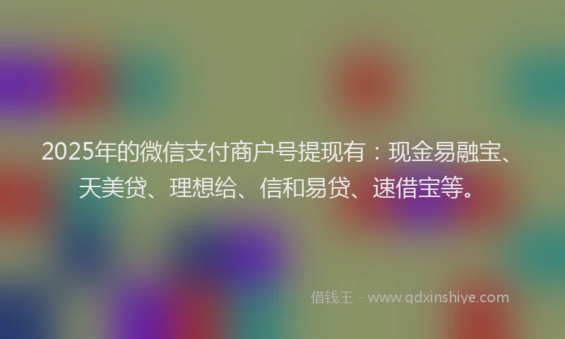 2025年的微信支付商户号提现有：现金易融宝、天美贷、理想给、信和易贷、速借宝等。