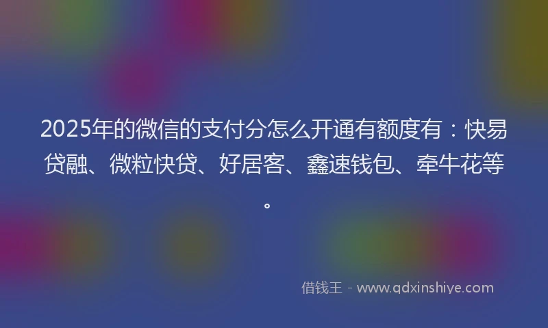 2025年的微信的支付分怎么开通有额度有：快易贷融、微粒快贷、好居客、鑫速钱包、牵牛花等。