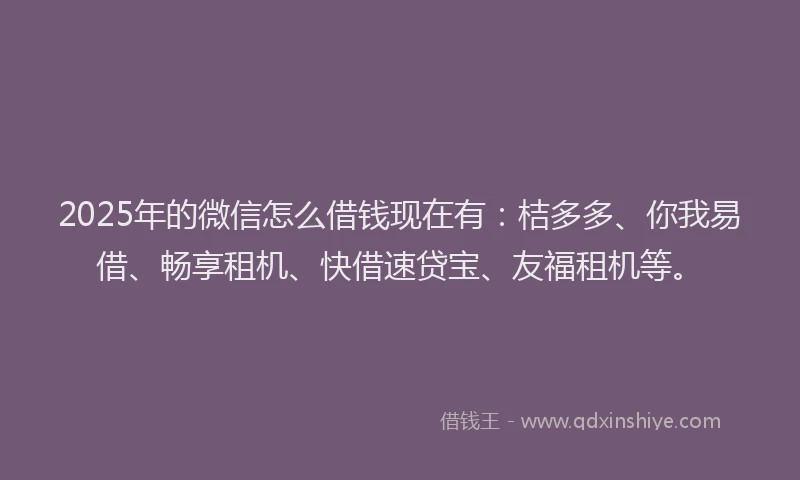 2025年的微信怎么借钱现在有：桔多多、你我易借、畅享租机、快借速贷宝、友福租机等。