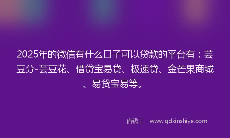 2025年的微信有什么口子可以贷款的平台有：芸豆分-芸豆花、借贷宝易贷、极速贷、金芒果商城、易贷宝易等。