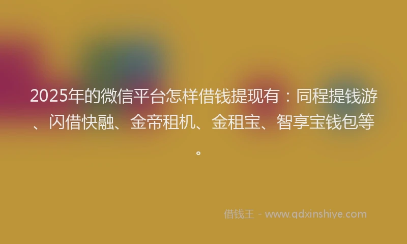 2025年的微信平台怎样借钱提现有：同程提钱游、闪借快融、金帝租机、金租宝、智享宝钱包等。