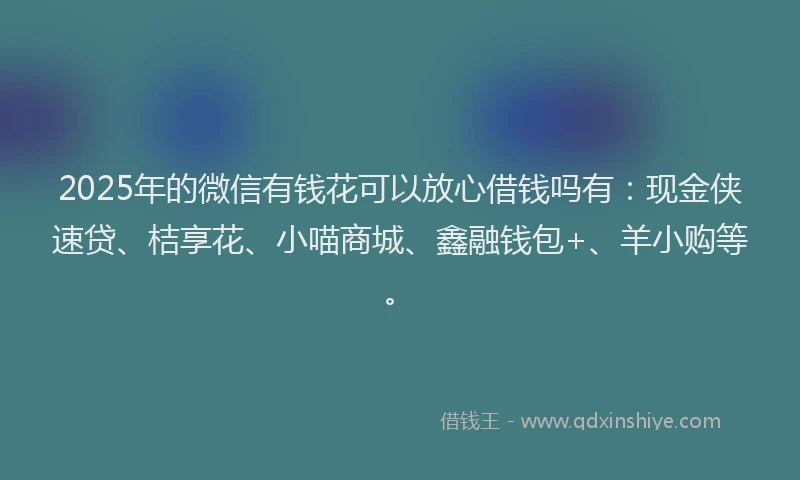 2025年的微信有钱花可以放心借钱吗有：现金侠速贷、桔享花、小喵商城、鑫融钱包+、羊小购等。