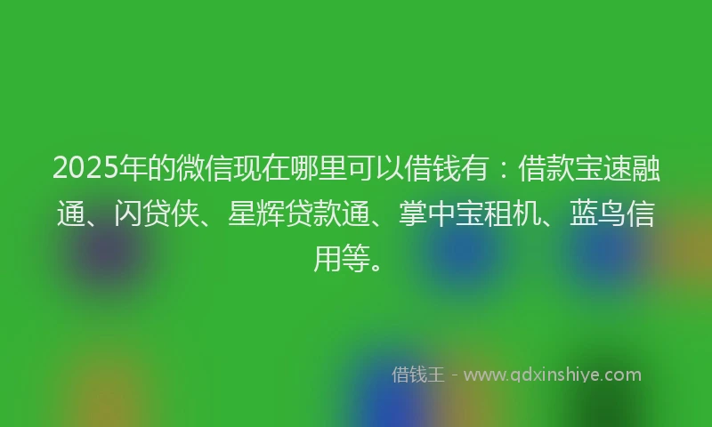 2025年的微信现在哪里可以借钱有：借款宝速融通、闪贷侠、星辉贷款通、掌中宝租机、蓝鸟信用等。