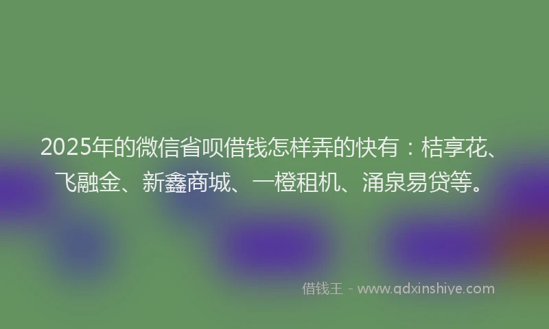 2025年的微信省呗借钱怎样弄的快有：桔享花、飞融金、新鑫商城、一橙租机、涌泉易贷等。