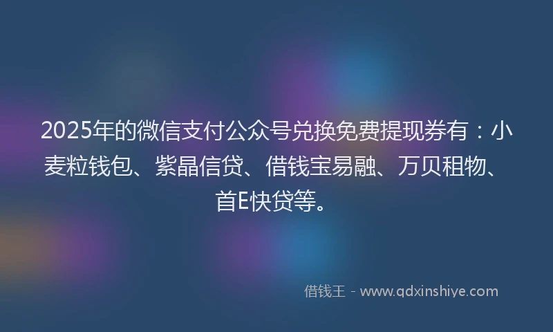 2025年的微信支付公众号兑换免费提现券有：小麦粒钱包、紫晶信贷、借钱宝易融、万贝租物、首E快贷等。