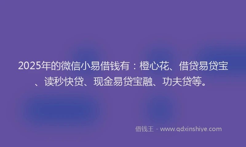 2025年的微信小易借钱有：橙心花、借贷易贷宝、读秒快贷、现金易贷宝融、功夫贷等。