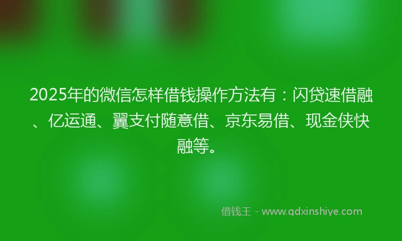 2025年的微信怎样借钱操作方法有：闪贷速借融、亿运通、翼支付随意借、京东易借、现金侠快融等。