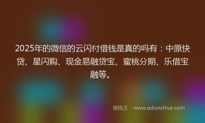 2025年的微信的云闪付借钱是真的吗有：中原快贷、星闪购、现金易融贷宝、蜜桃分期、乐借宝融等。