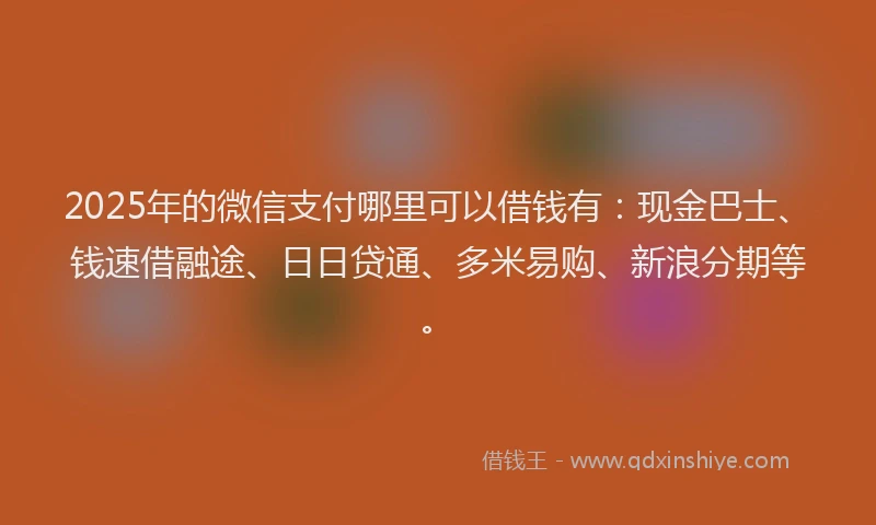 2025年的微信支付哪里可以借钱有：现金巴士、钱速借融途、日日贷通、多米易购、新浪分期等。