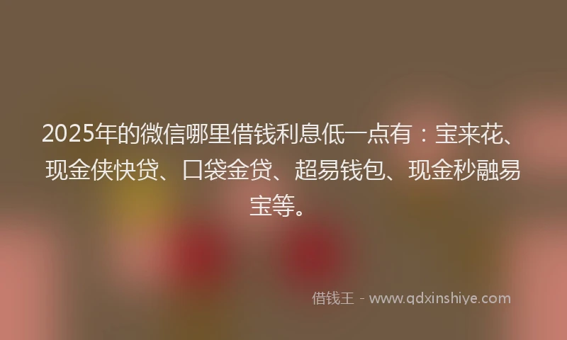 2025年的微信哪里借钱利息低一点有：宝来花、现金侠快贷、口袋金贷、超易钱包、现金秒融易宝等。