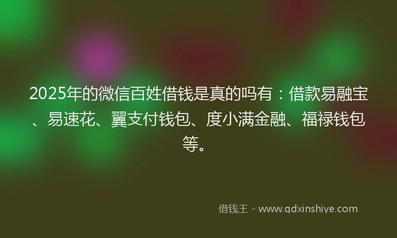 2025年的微信百姓借钱是真的吗有：借款易融宝、易速花、翼支付钱包、度小满金融、福禄钱包等。