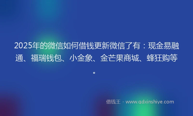 2025年的微信如何借钱更新微信了有：现金易融通、福瑞钱包、小金象、金芒果商城、蜂狂购等。