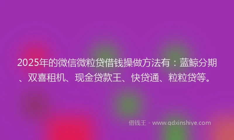 2025年的微信微粒贷借钱操做方法有：蓝鲸分期、双喜租机、现金贷款王、快贷通、粒粒贷等。