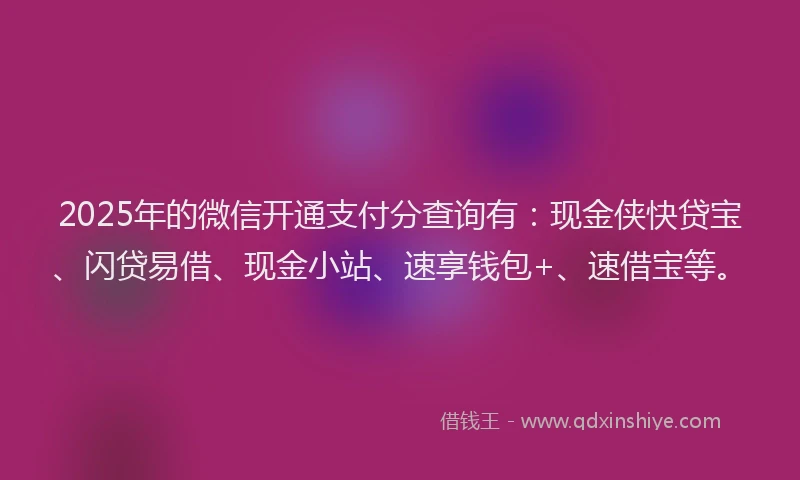 2025年的微信开通支付分查询有：现金侠快贷宝、闪贷易借、现金小站、速享钱包+、速借宝等。