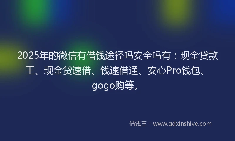 2025年的微信有借钱途径吗安全吗有：现金贷款王、现金贷速借、钱速借通、安心Pro钱包、gogo购等。