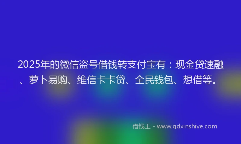 2025年的微信盗号借钱转支付宝有：现金贷速融、萝卜易购、维信卡卡贷、全民钱包、想借等。