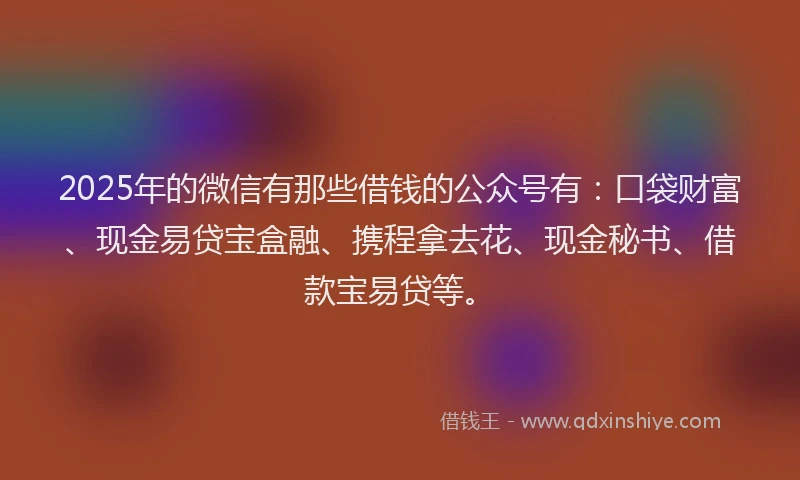 2025年的微信有那些借钱的公众号有：口袋财富、现金易贷宝盒融、携程拿去花、现金秘书、借款宝易贷等。