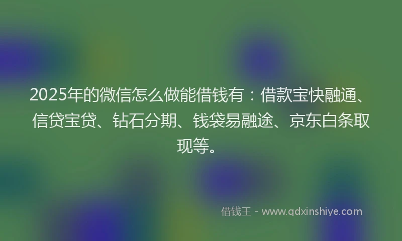 2025年的微信怎么做能借钱有:借款宝快融通、信贷宝贷、钻石分期、钱袋易融途、京东白条取现等。