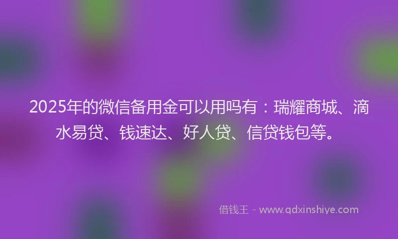 2025年的微信备用金可以用吗有:瑞耀商城、滴水易贷、钱速达、好人贷、信贷钱包等。