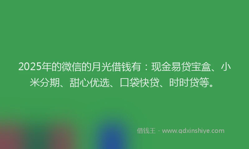 2025年的微信的月光借钱有：现金易贷宝盒、小米分期、甜心优选、口袋快贷、时时贷等。