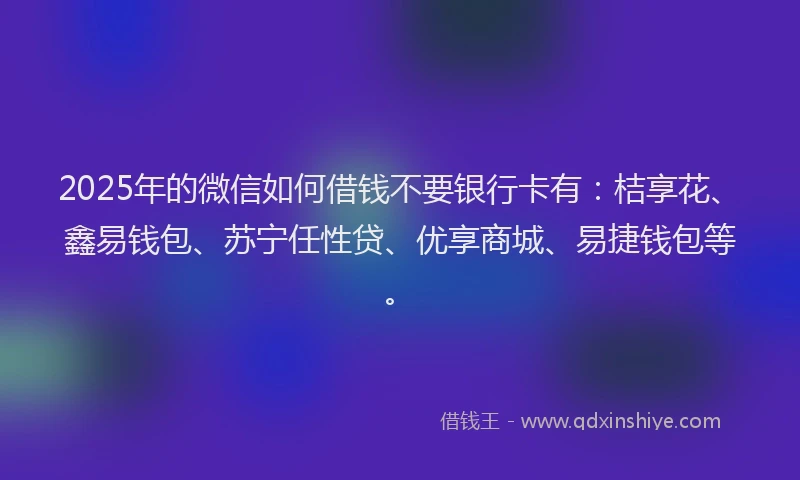 2025年的微信如何借钱不要银行卡有：桔享花、鑫易钱包、苏宁任性贷、优享商城、易捷钱包等。