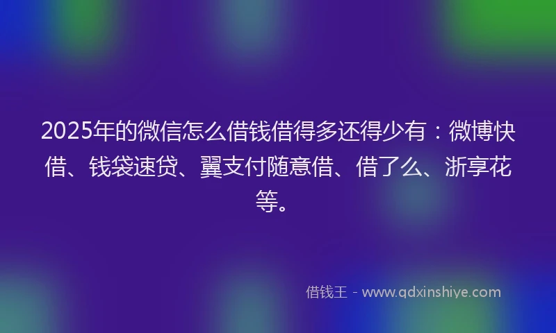 2025年的微信怎么借钱借得多还得少有：微博快借、钱袋速贷、翼支付随意借、借了么、浙享花等。