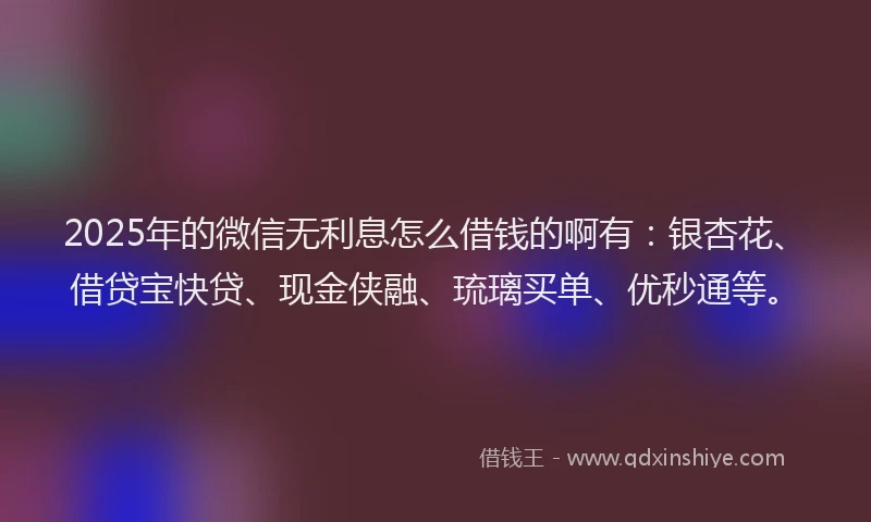 2025年的微信无利息怎么借钱的啊有：银杏花、借贷宝快贷、现金侠融、琉璃买单、优秒通等。