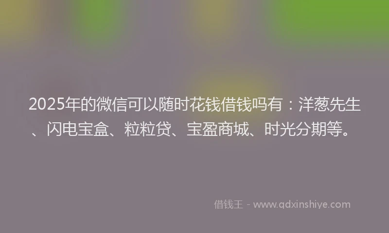 2025年的微信可以随时花钱借钱吗有：洋葱先生、闪电宝盒、粒粒贷、宝盈商城、时光分期等。