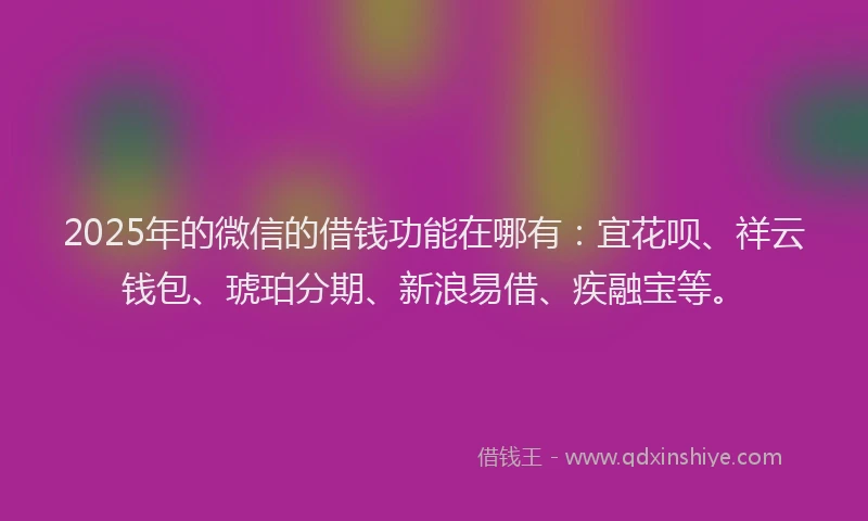 2025年的微信的借钱功能在哪有：宜花呗、祥云钱包、琥珀分期、新浪易借、疾融宝等。