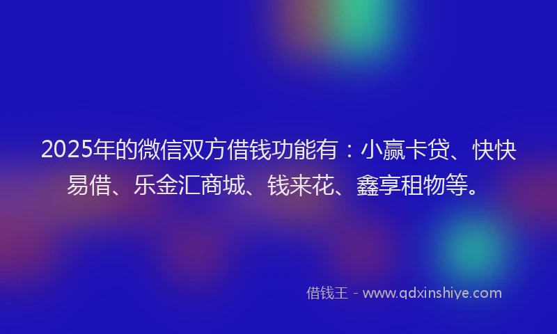 2025年的微信双方借钱功能有：小赢卡贷、快快易借、乐金汇商城、钱来花、鑫享租物等。