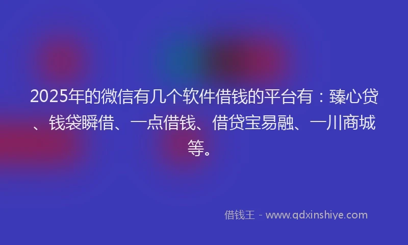 2025年的微信有几个软件借钱的平台有：臻心贷、钱袋瞬借、一点借钱、借贷宝易融、一川商城等。