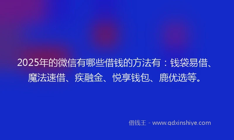 2025年的微信有哪些借钱的方法有：钱袋易借、魔法速借、疾融金、悦享钱包、鹿优选等。
