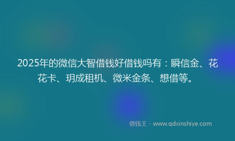 2025年的微信大智借钱好借钱吗有:瞬信金、花花卡、玥成租机、微米金条、想借等。