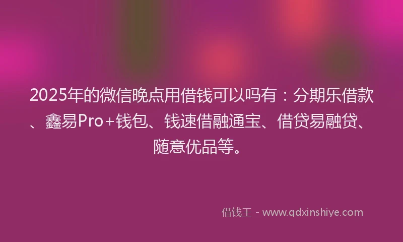 2025年的微信晚点用借钱可以吗有：分期乐借款、鑫易Pro+钱包、钱速借融通宝、借贷易融贷、随意优品等。