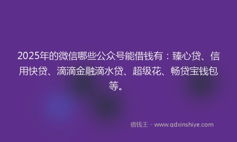 2025年的微信哪些公众号能借钱有：臻心贷、信用快贷、滴滴金融滴水贷、超级花、畅贷宝钱包等。