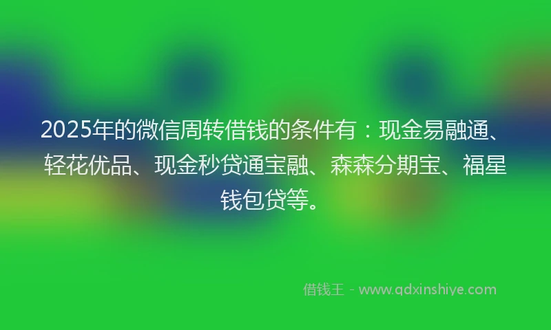 2025年的微信周转借钱的条件有：现金易融通、轻花优品、现金秒贷通宝融、森森分期宝、福星钱包贷等。