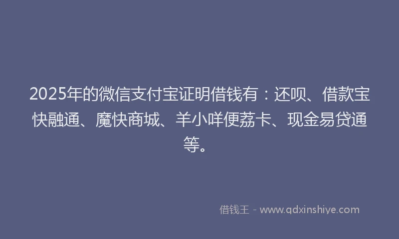 2025年的微信支付宝证明借钱有：还呗、借款宝快融通、魔快商城、羊小咩便荔卡、现金易贷通等。