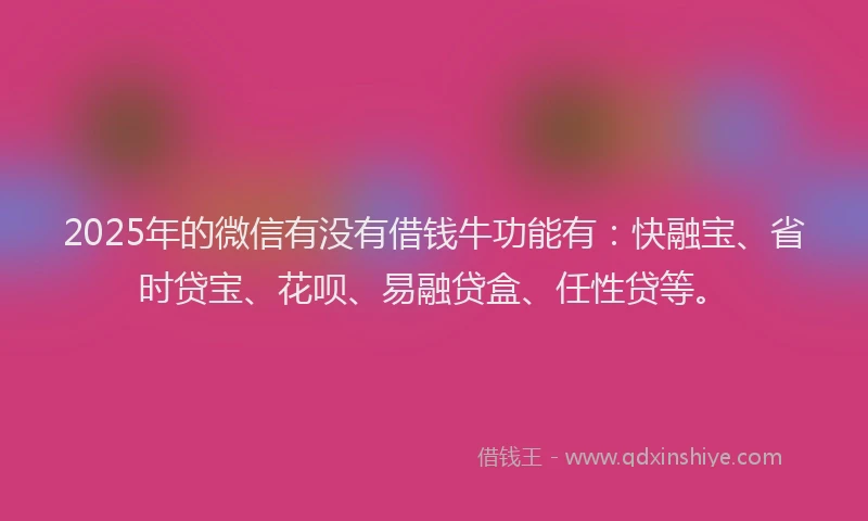 2025年的微信有没有借钱牛功能有：快融宝、省时贷宝、花呗、易融贷盒、任性贷等。
